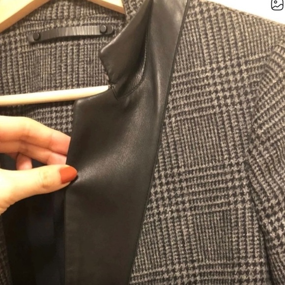 All Saints Black and Gray Checkered Blazer leather lapels - Picture 5 of 6